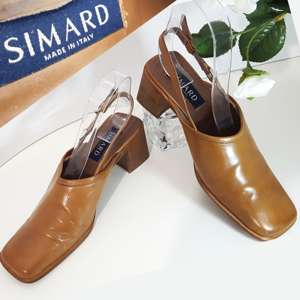 90s-Y2K Simard🍂Italian Sandal🍂Tan Square Toe| Block Heels| Ankle Strap